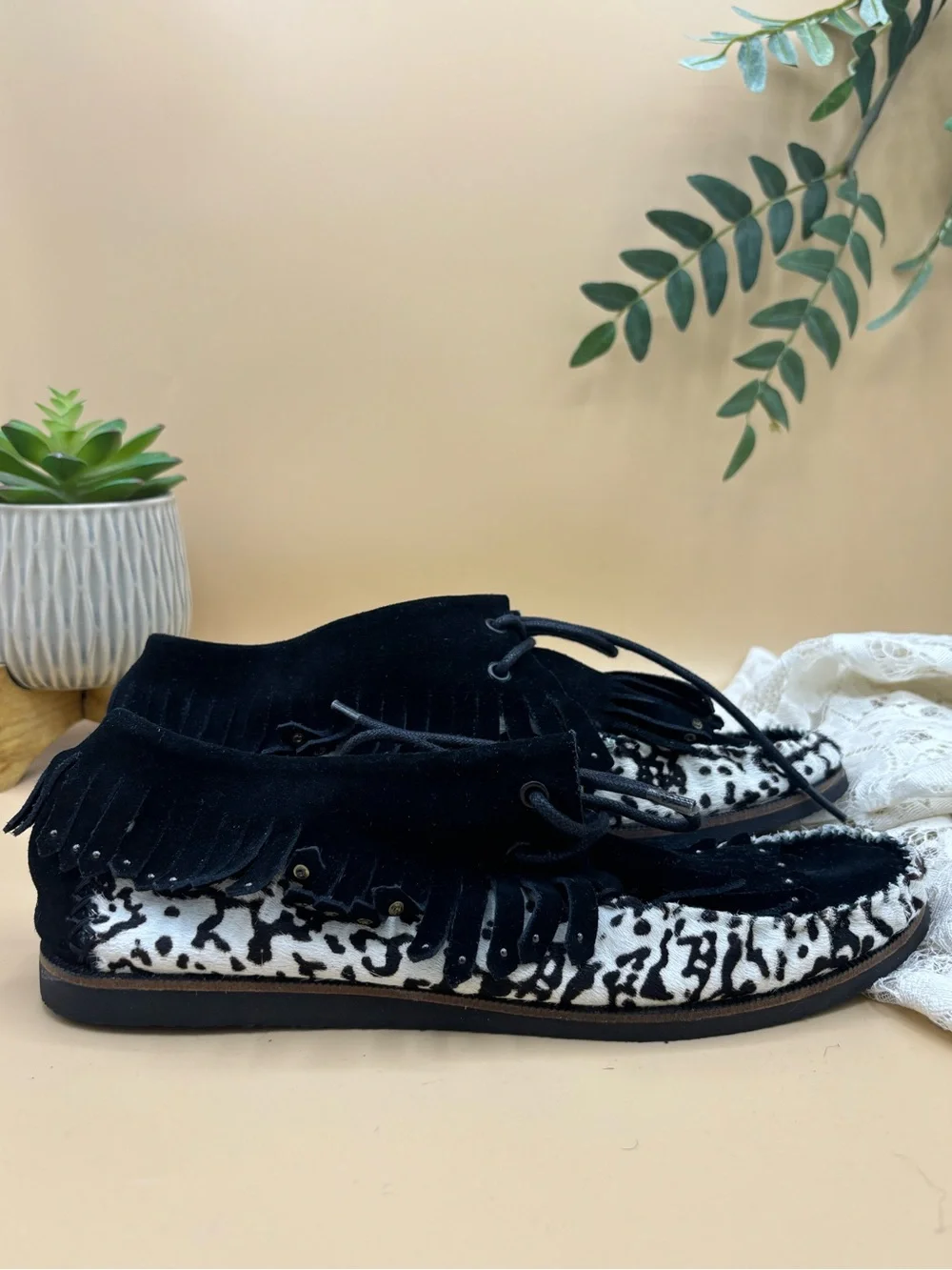 Tory Burch Fringe Studded Cow Print Moccasins